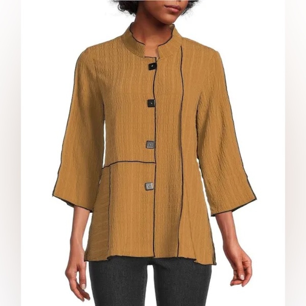 🩷 Ali Miles Women 2X Crinkle Woven 3/4 Sleeve Piped Seams Button Front Top Tan
